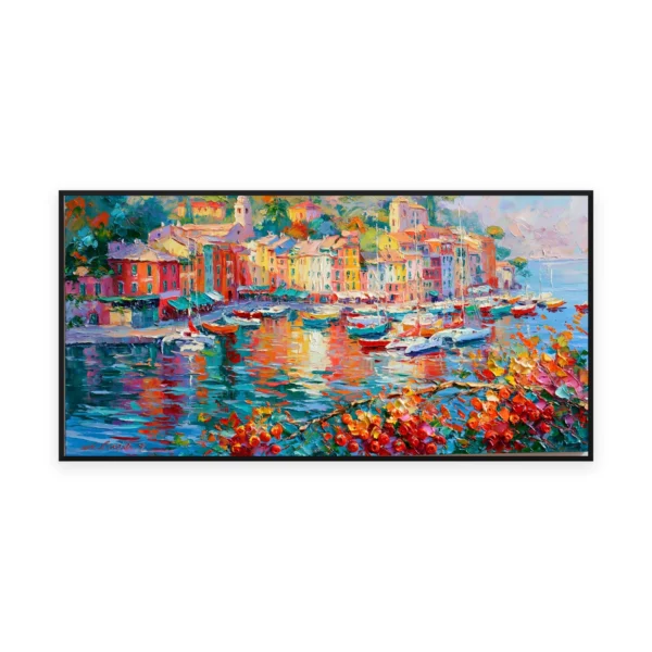 An oversized horizontal impressionist painting of a Mediterranean harbor of brightly colored houses reflected in calm water among moored boats, in vivid thick palette-knife strokes
