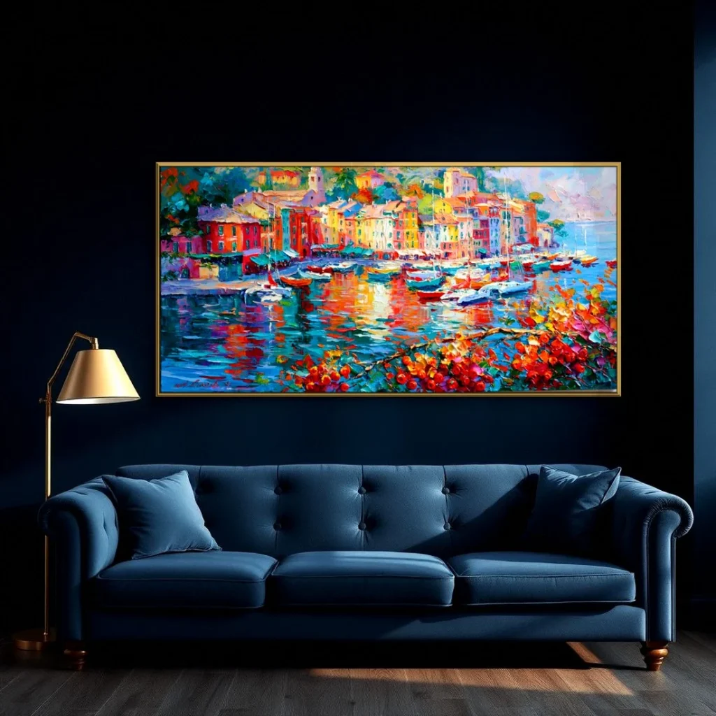 Vibrant harbor reflections impressionist coastal canvas in a moody living room