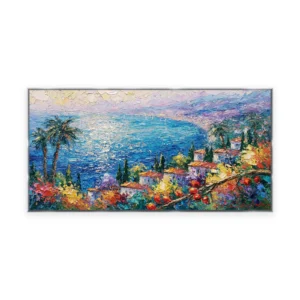 An oversized horizontal impressionist painting of a Mediterranean bay framed by palm trees with white sailboats on sparkling blue water, in thick palette-knife strokes with flowers in front