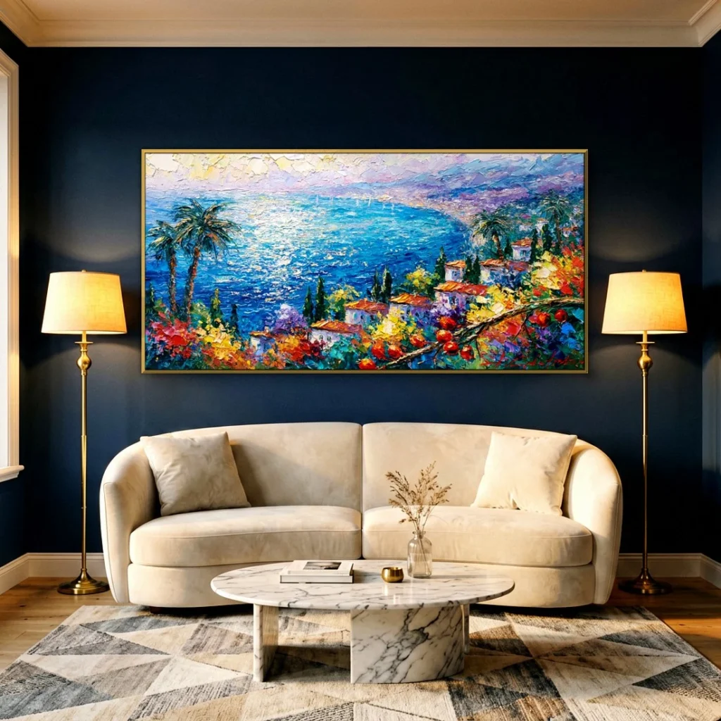 Palm-lined bay with sailboats impressionist seascape in a moody living room