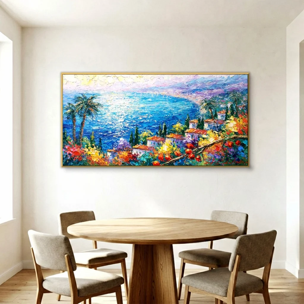 Palm-lined bay with sailboats impressionist seascape in a bright dining room
