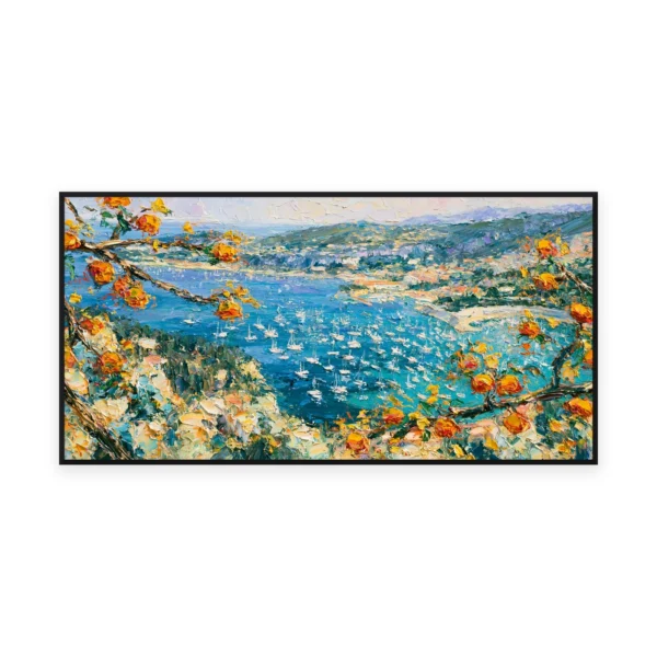 An oversized horizontal impressionist painting of an orange citrus branch framing a sunlit blue Mediterranean bay dotted with sailboats, in bright thick palette-knife strokes