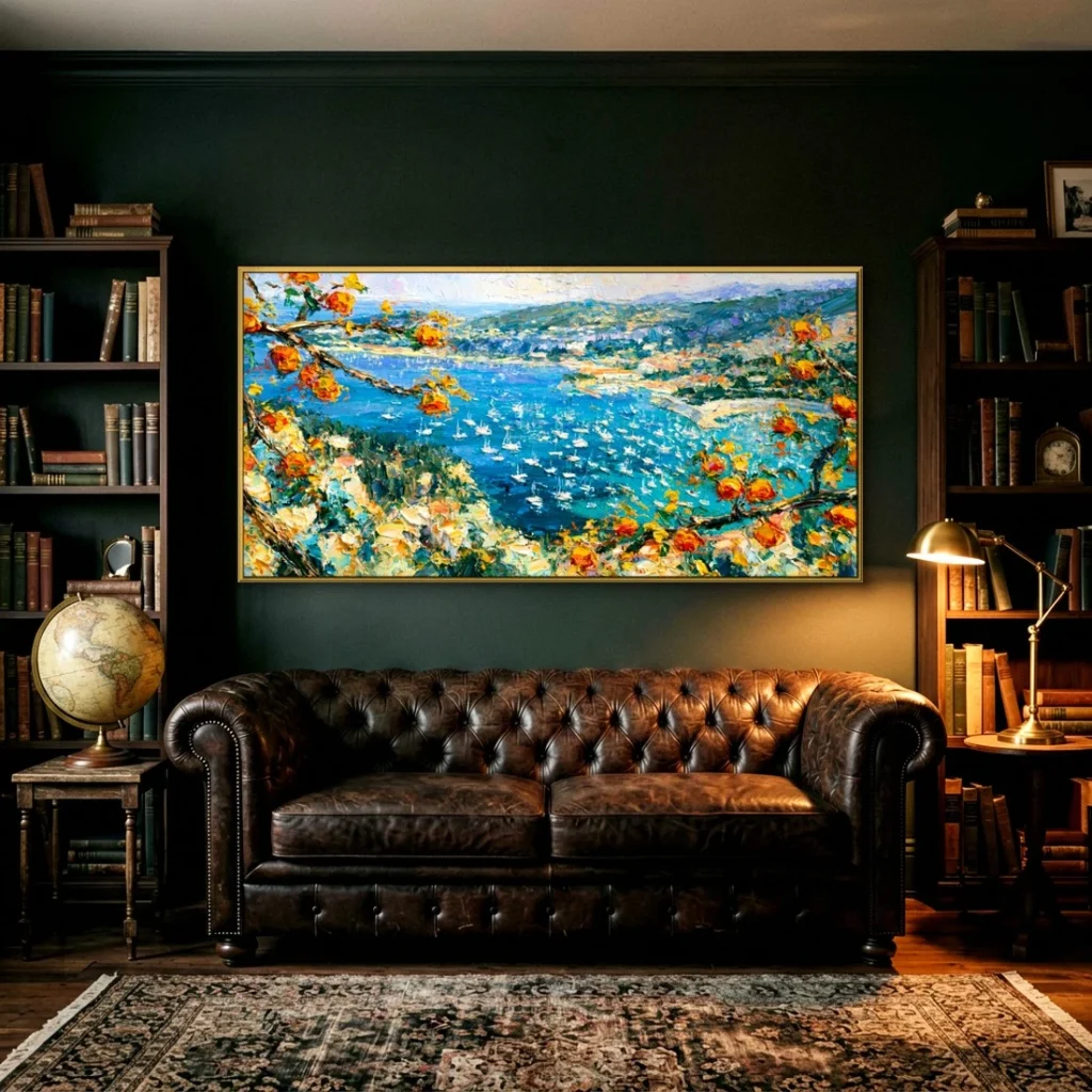 Citrus branch over a sunlit blue bay impressionist in a moody living room