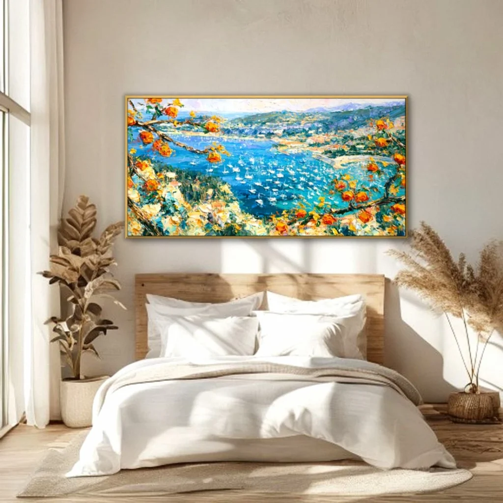 Citrus branch over a sunlit blue bay impressionist in a bright bedroom