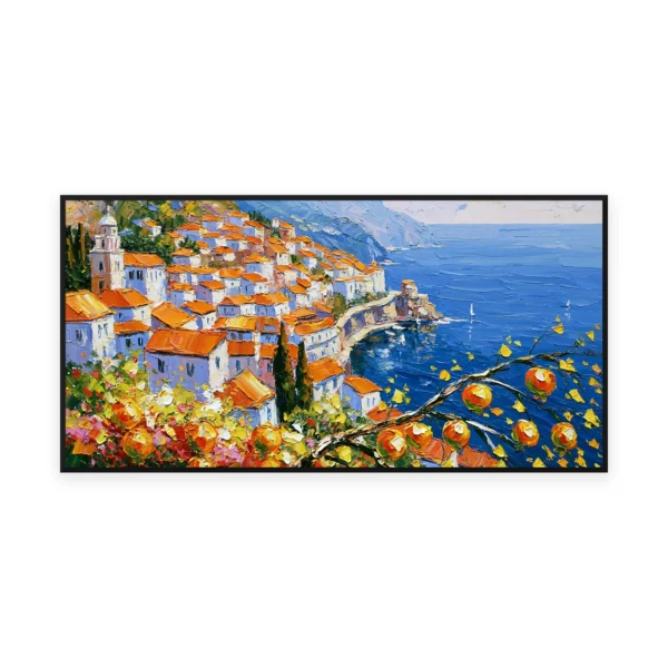 An oversized horizontal impressionist painting of a terracotta-roofed Mediterranean village on a headland above a deep blue sea, with orange citrus branches framing the scene