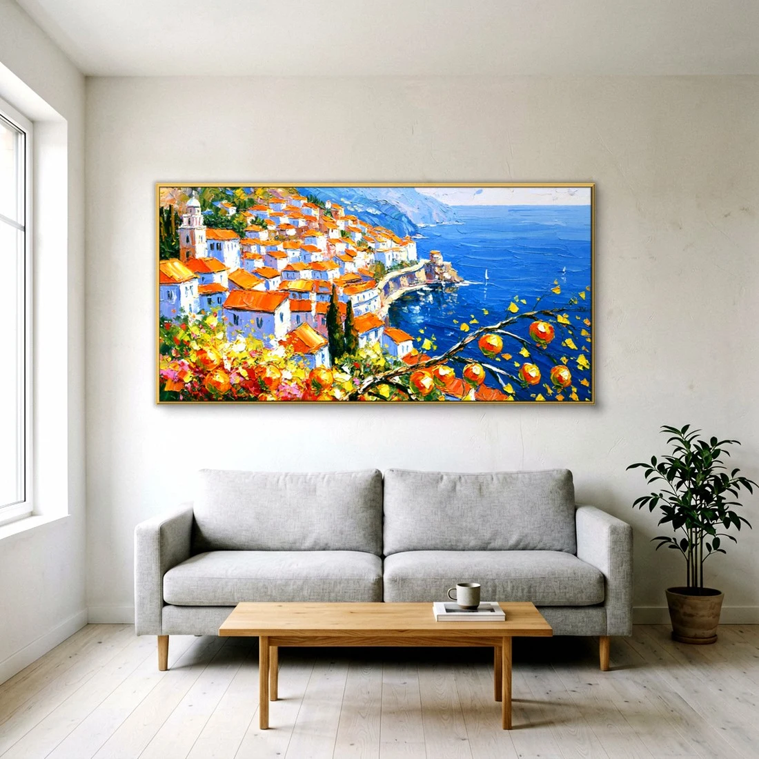 Terracotta village above a deep blue sea impressionist in a Scandinavian living room