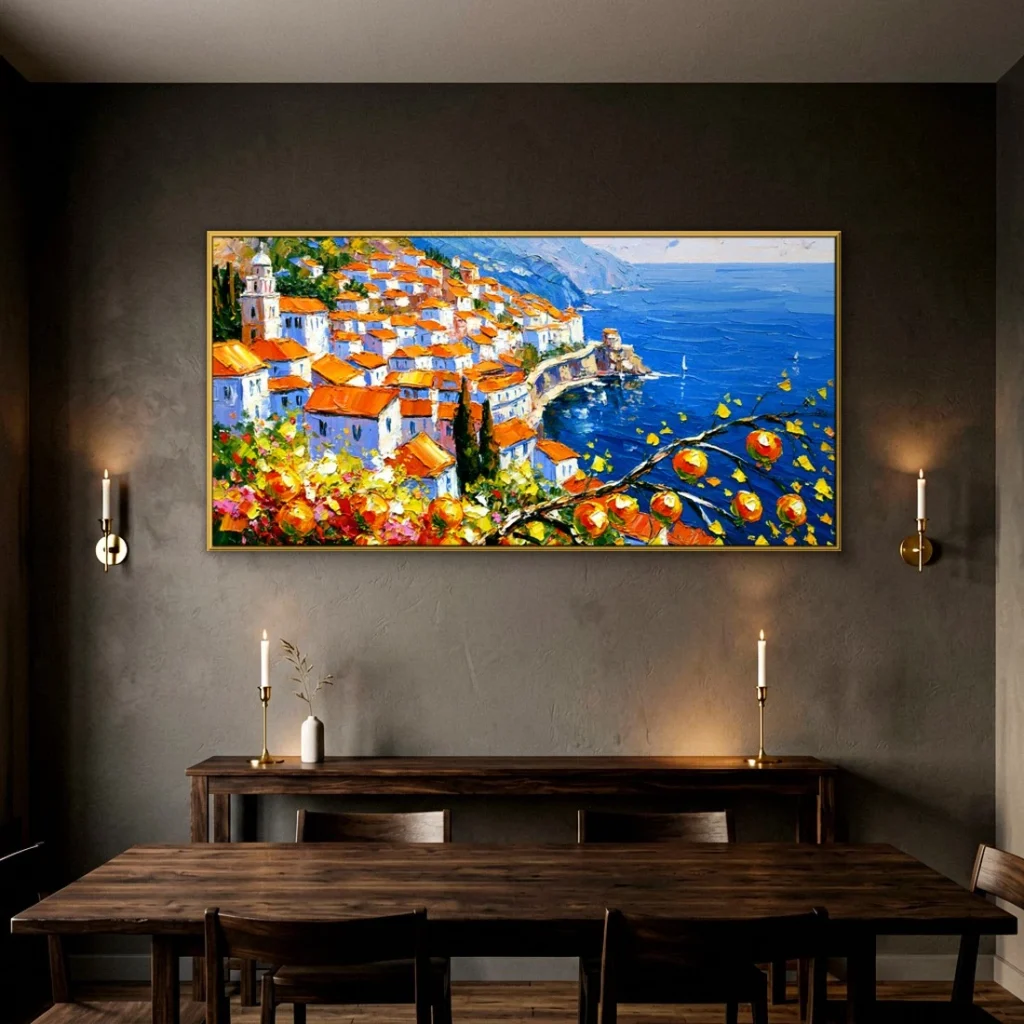 Terracotta village above a deep blue sea impressionist in a moody dining room