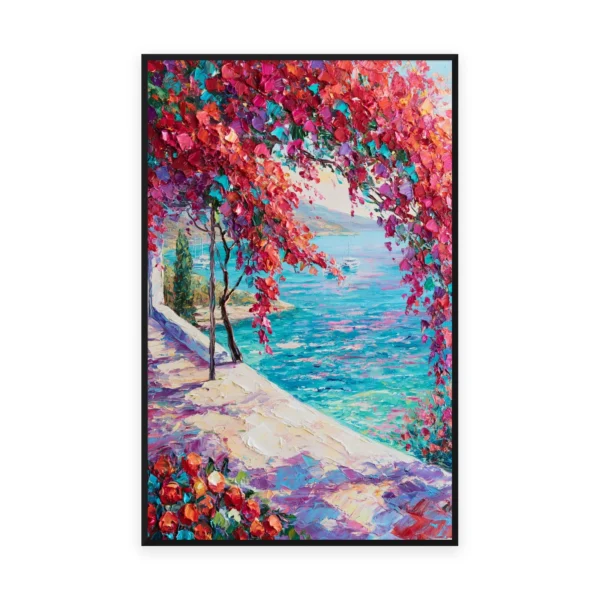 A tall vertical impressionist painting of a magenta bougainvillea archway over a whitewashed path leading down to a turquoise Mediterranean sea, in thick vivid palette-knife flowers
