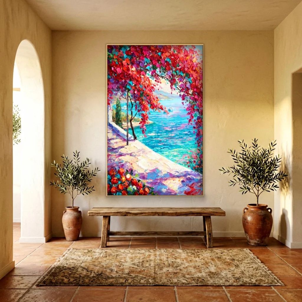 Bougainvillea archway to a turquoise sea impressionist in an elegant living room