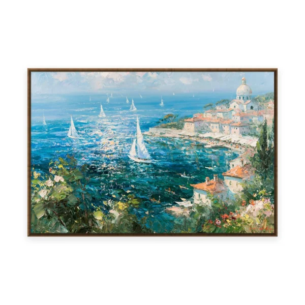 An oversized horizontal impressionist painting of white sailboats on a sparkling blue sea before a sunlit Mediterranean town with a domed church, in bright thick strokes with flowers in front