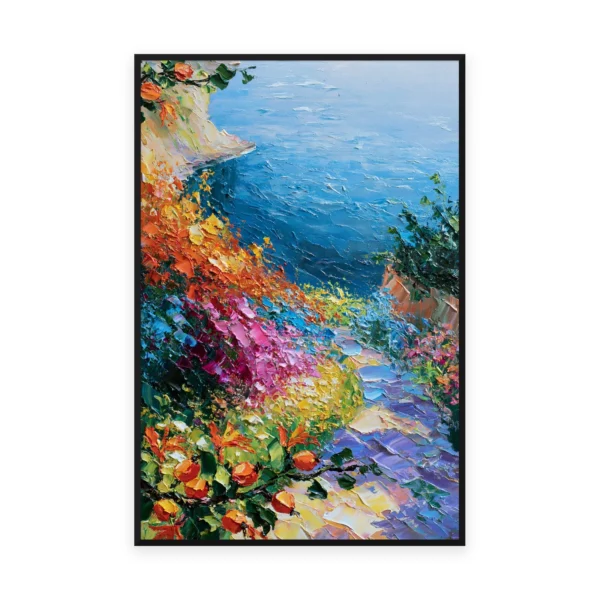 A tall vertical impressionist painting of a slope of red, orange and magenta flowers dropping to a deep blue Mediterranean sea, in bold thick palette-knife strokes