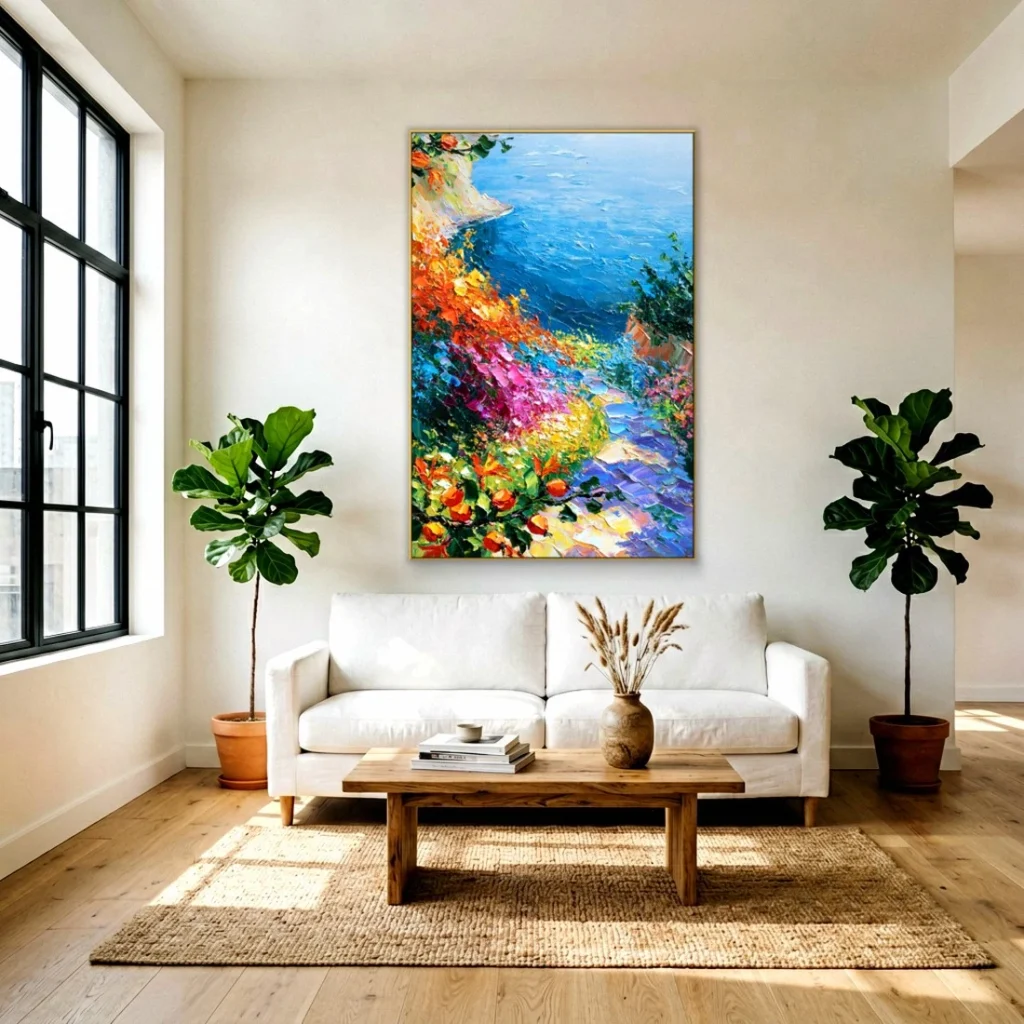 Flower slope above a deep blue sea impressionist oil in a bright living room