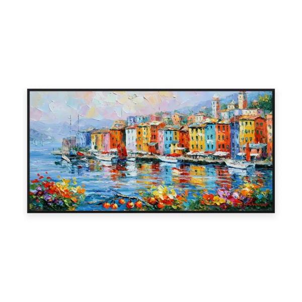 An oversized horizontal impressionist painting of a colorful Mediterranean-style Mediterranean harbor with bright houses reflected in calm water among moored boats, in vivid thick strokes