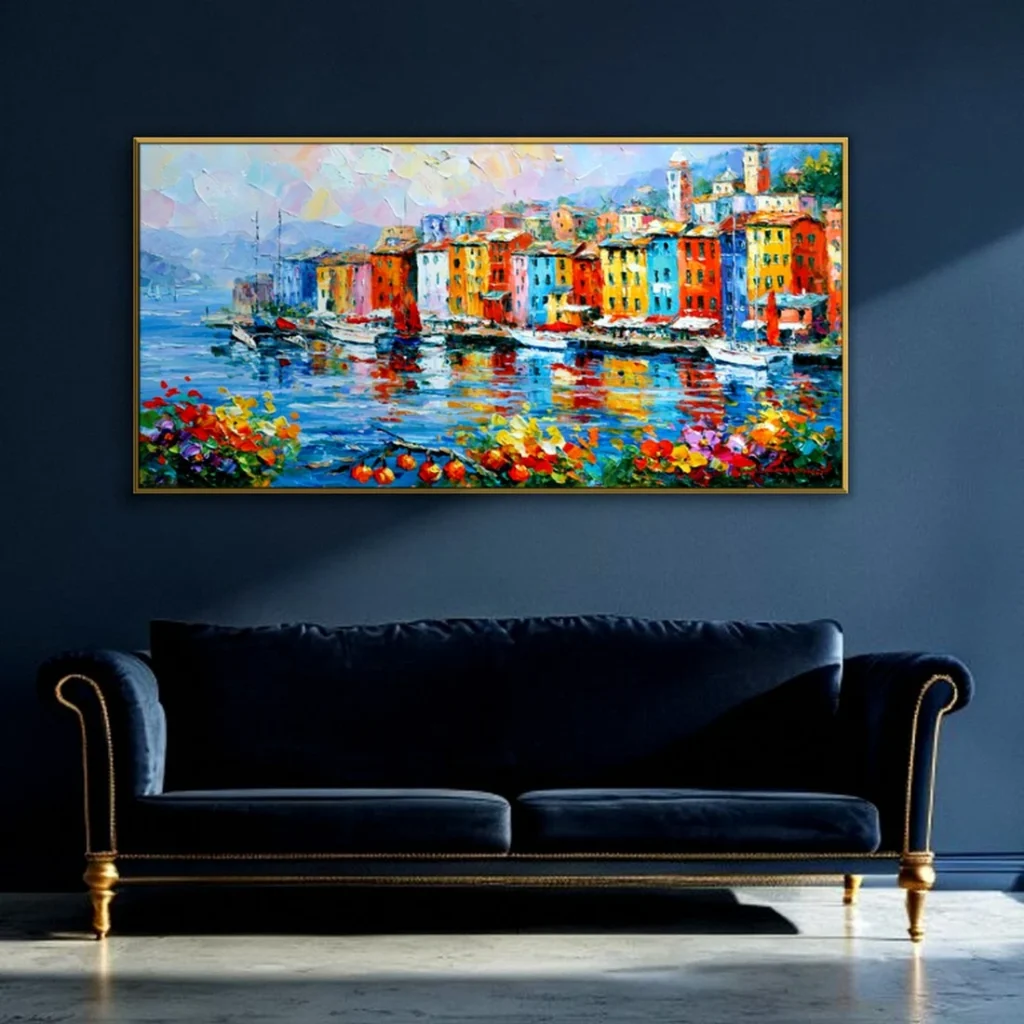 Colorful Mediterranean-style harbor impressionist canvas in a moody living room