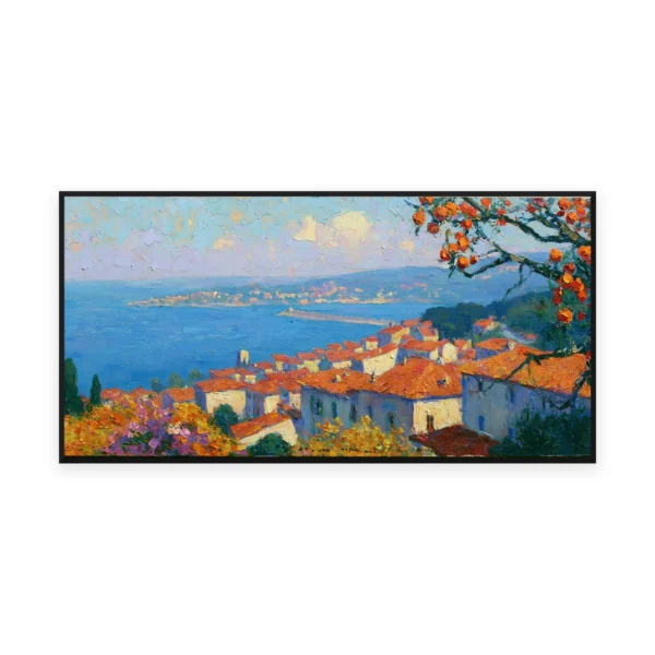 An oversized horizontal impressionist painting of clustered terracotta-roofed houses above a calm blue Mediterranean bay with orange citrus branches overhead, in warm thick palette-knife strokes
