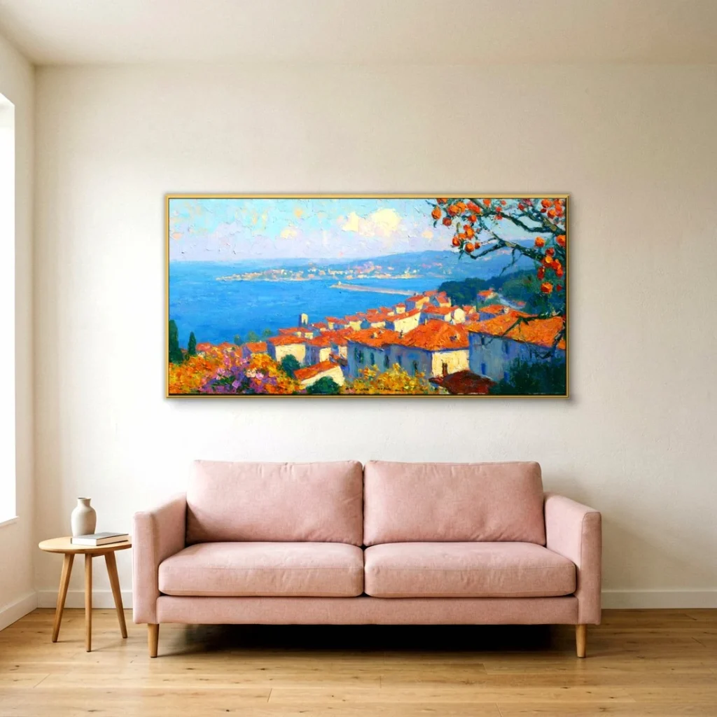 Terracotta rooftops and citrus over the sea impressionist in a living room
