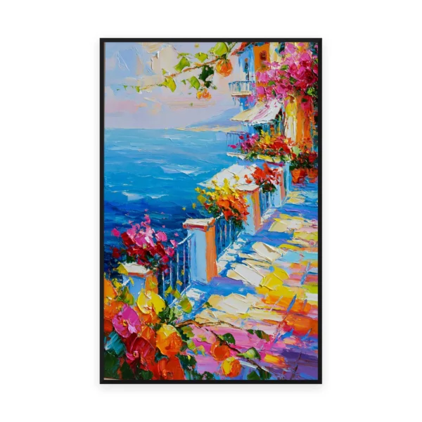 A tall vertical impressionist painting of whitewashed Mediterranean houses draped with red, pink and gold flowers above a bright blue sea, in thick vivid palette-knife paint