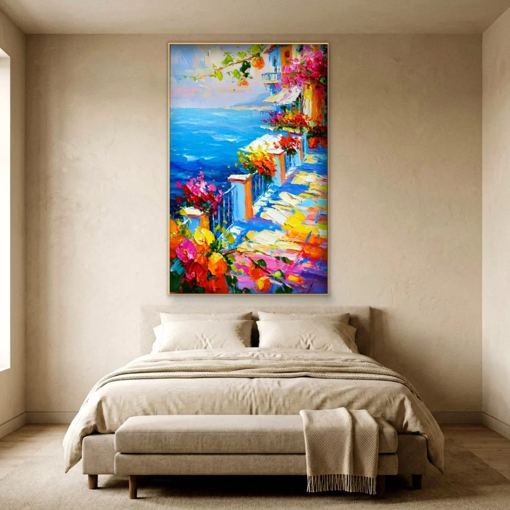 Flower-draped white village over the sea impressionist in a bedroom