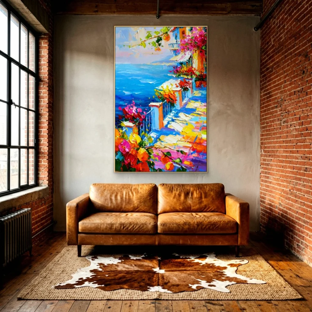 Flower-draped white village over the sea impressionist in an elegant living room