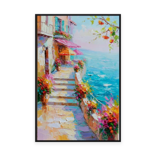 A tall vertical impressionist painting of stone village steps climbing between flower-draped walls toward a bright blue Mediterranean bay, in soft thick palette-knife strokes