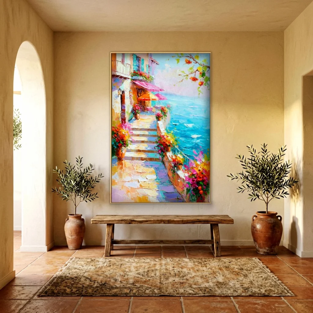 Flowering village steps above the sea impressionist in an elegant living room