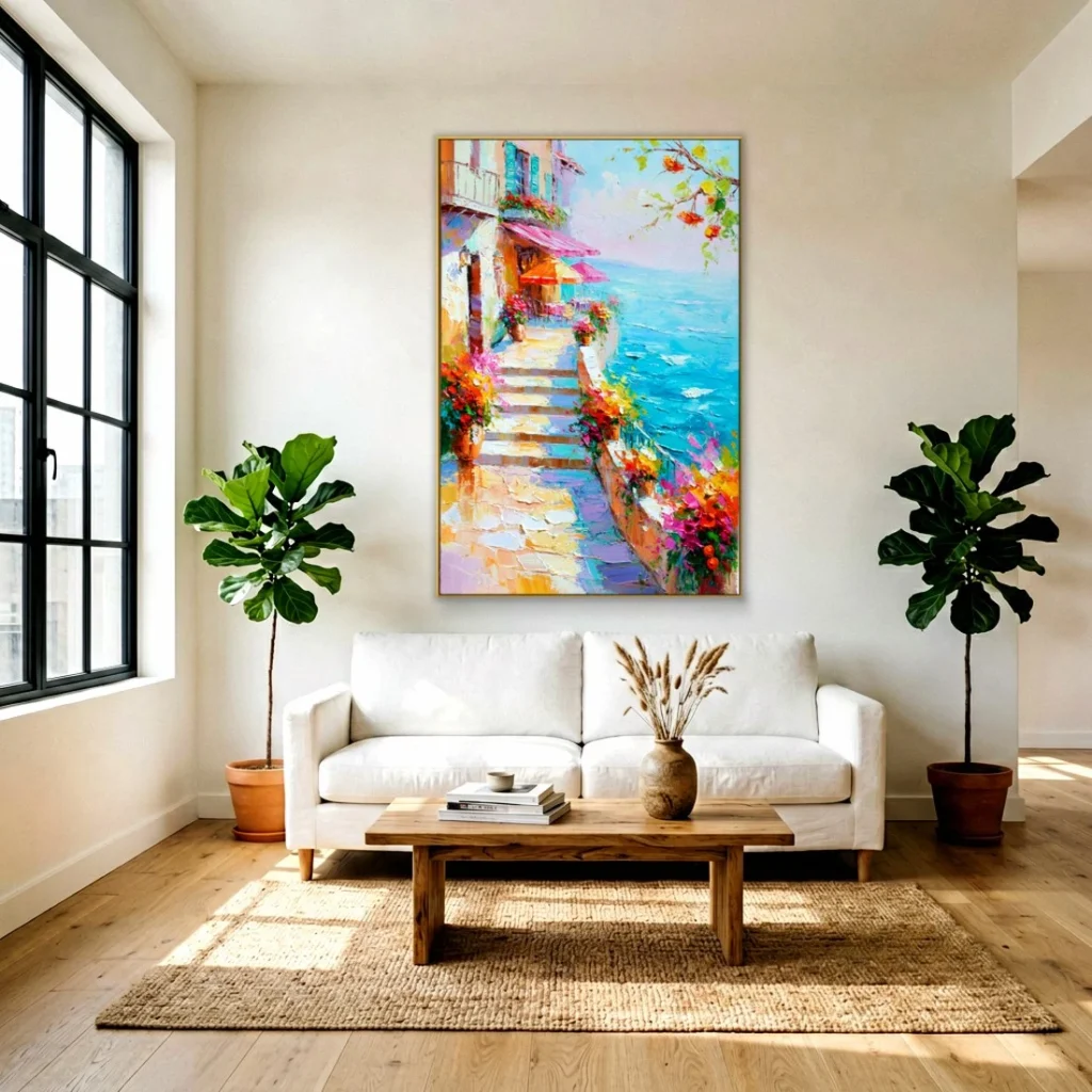 Flowering village steps above the sea impressionist in a bright living room