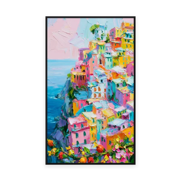 A tall vertical impressionist painting of a pastel Italian cliffside village of pink, blue and yellow houses stacked above a turquoise sea, in soft thick palette-knife strokes