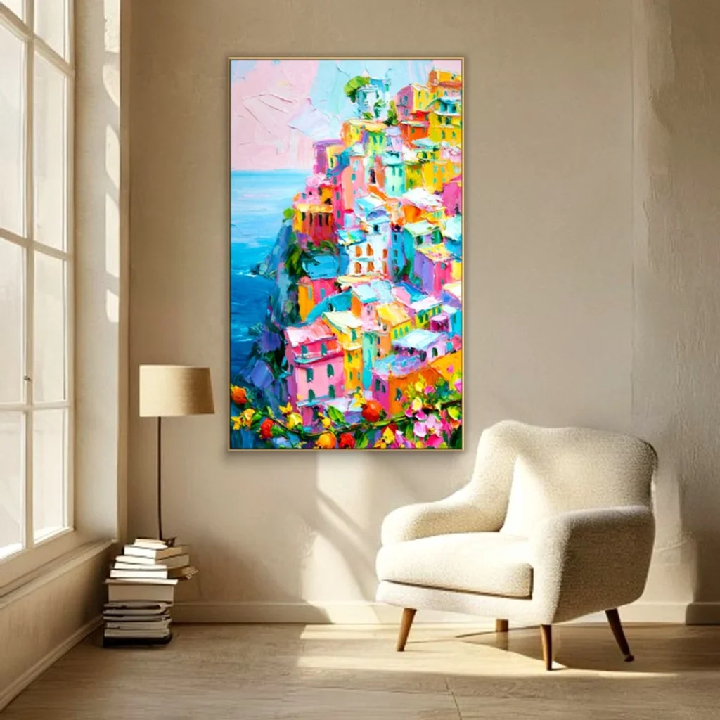 Pastel cliffside village above the sea impressionist in a reading nook