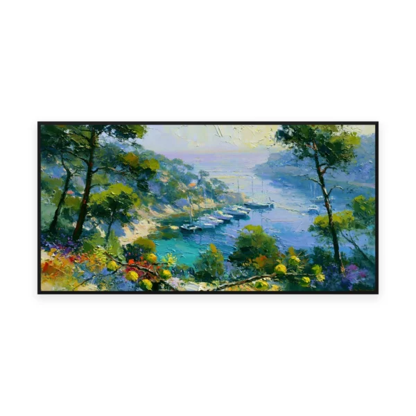 An oversized horizontal impressionist painting of a sheltered turquoise Mediterranean cove framed by pine trees with small moored boats, in soft loose palette-knife strokes