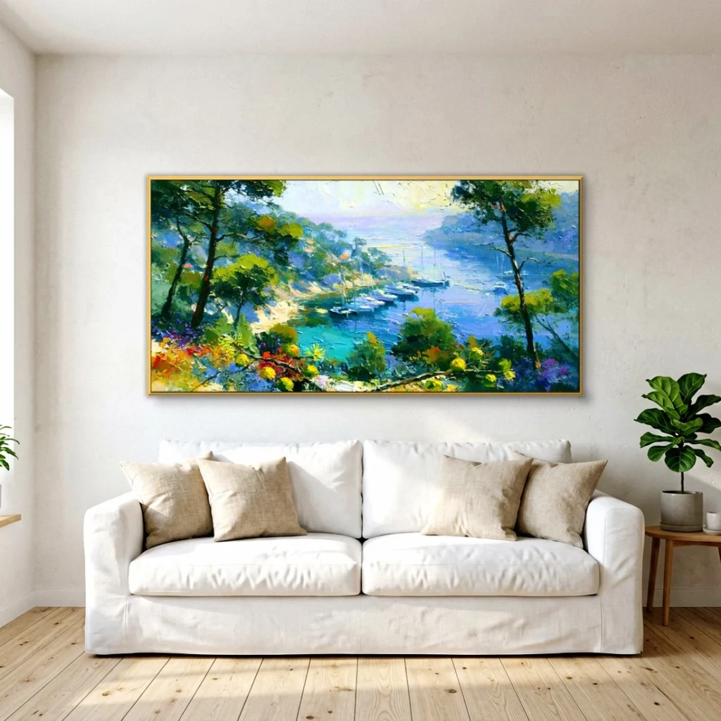 Pine-framed turquoise cove impressionist seascape in a bright living room