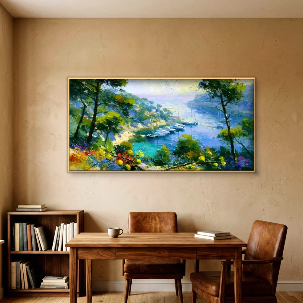 Pine-framed turquoise cove impressionist seascape in a cozy home office