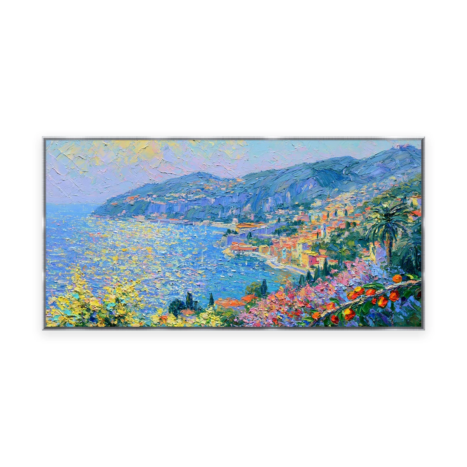An oversized horizontal impressionist painting of a panoramic blue Mediterranean bay curving past violet-blue headlands, with sparkling water and foreground flowers in thick flecked strokes