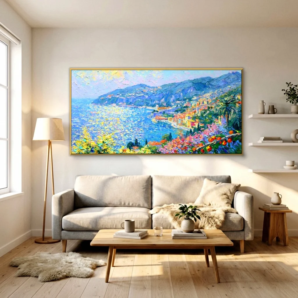 Panoramic blue bay and headland impressionist canvas in a bright living room