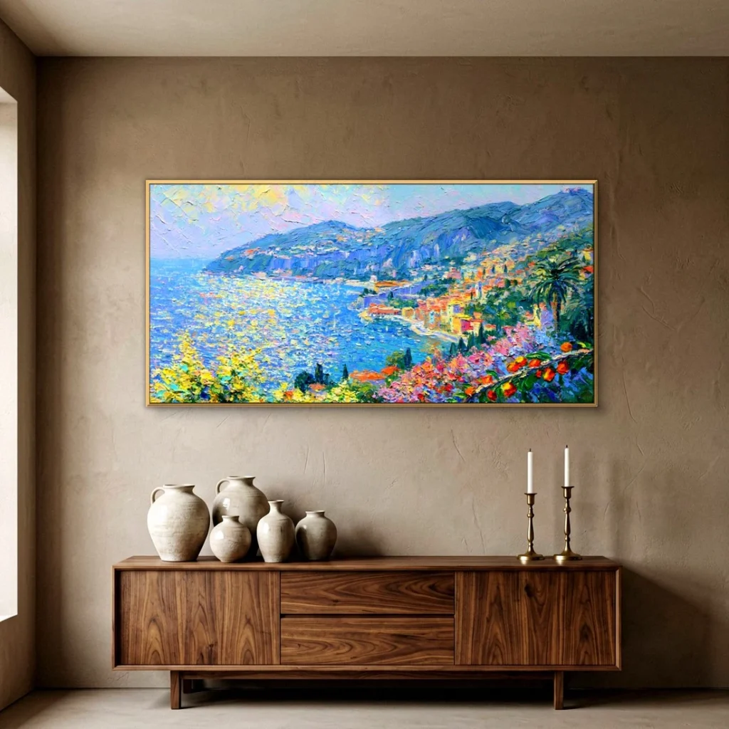 Panoramic blue bay and headland impressionist canvas in a dining room
