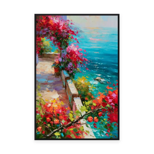 A tall vertical impressionist painting of red and magenta flowers tumbling over stone steps above a turquoise Mediterranean sea, in bold thick palette-knife paint with bright sunlight