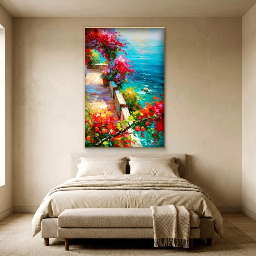 Red blooms over a turquoise sea terrace impressionist in a bedroom