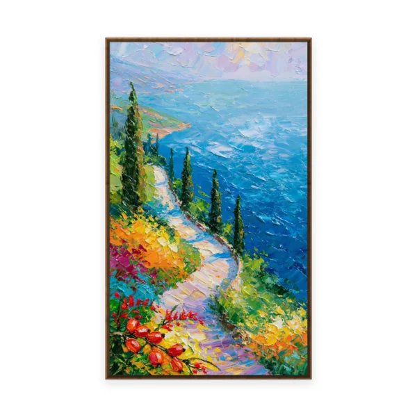 A tall vertical impressionist painting of a flowering coastal path winding past a tall cypress down to a deep blue Mediterranean sea, in vivid thick palette-knife strokes