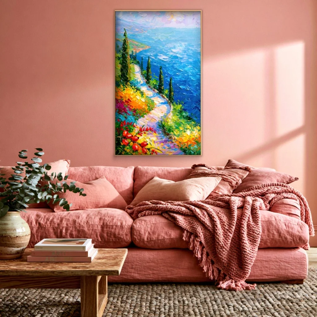 Cypress path down to a deep blue sea impressionist in a bright, modern interior