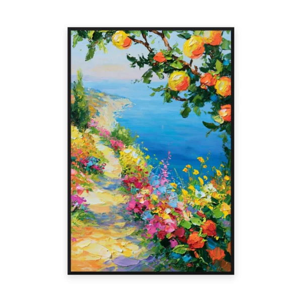 A tall vertical impressionist painting of an orange citrus branch framing a slope of bright flowers above a blue Mediterranean sea, in warm thick palette-knife strokes with sunlit color