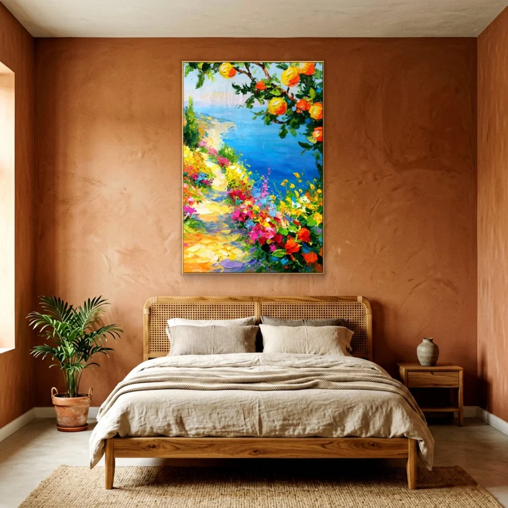 Citrus branch over a flowering coast impressionist in a cozy bedroom