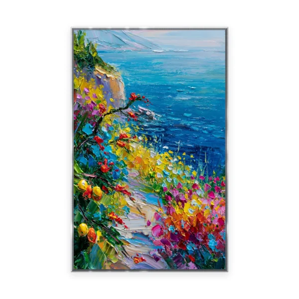 A tall vertical impressionist painting of bright flowers and yellow lemons spilling down a cliff above a deep blue Mediterranean sea, in bold thick palette-knife strokes with strong color