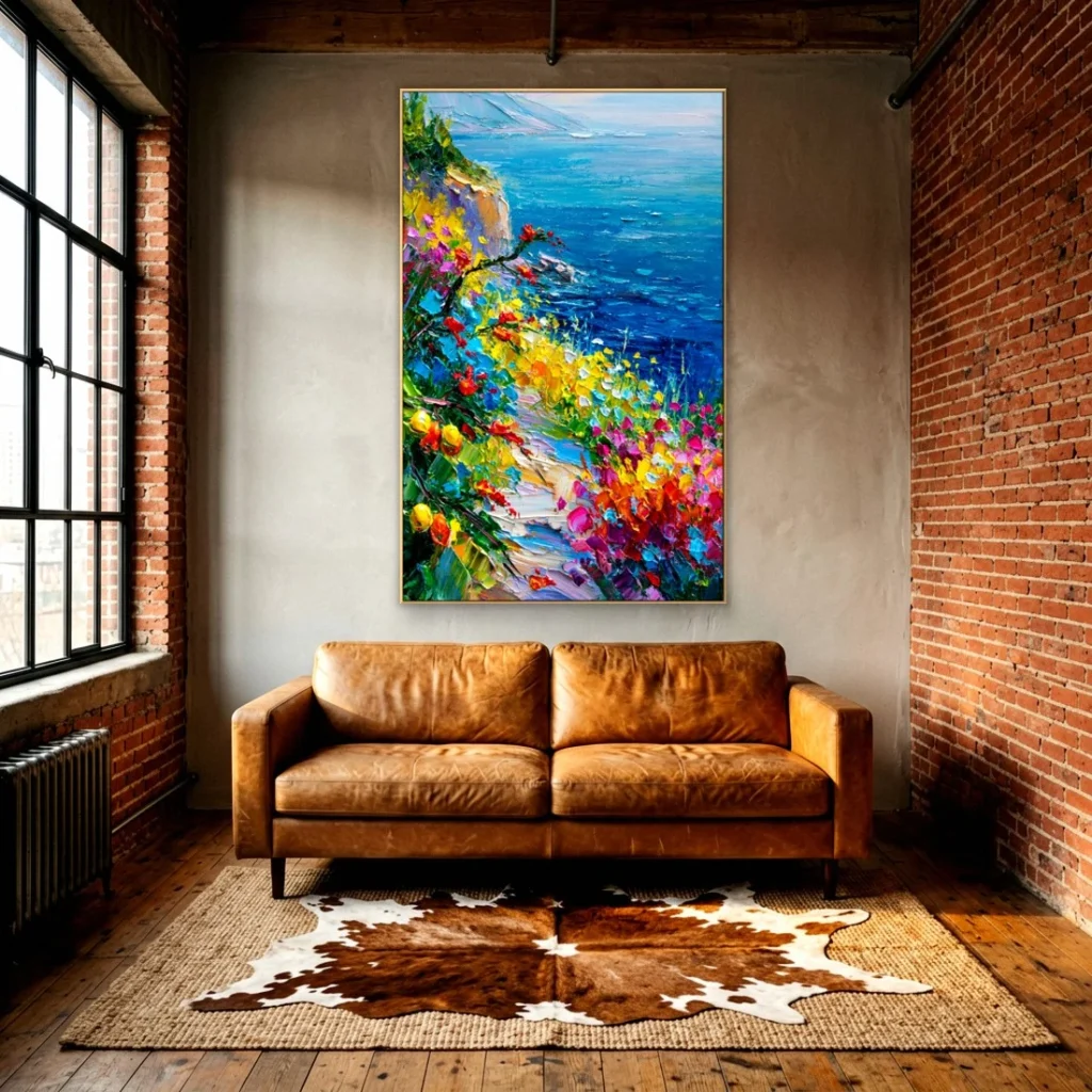 Flowering cliff over a deep blue sea impressionist in an elegant living room