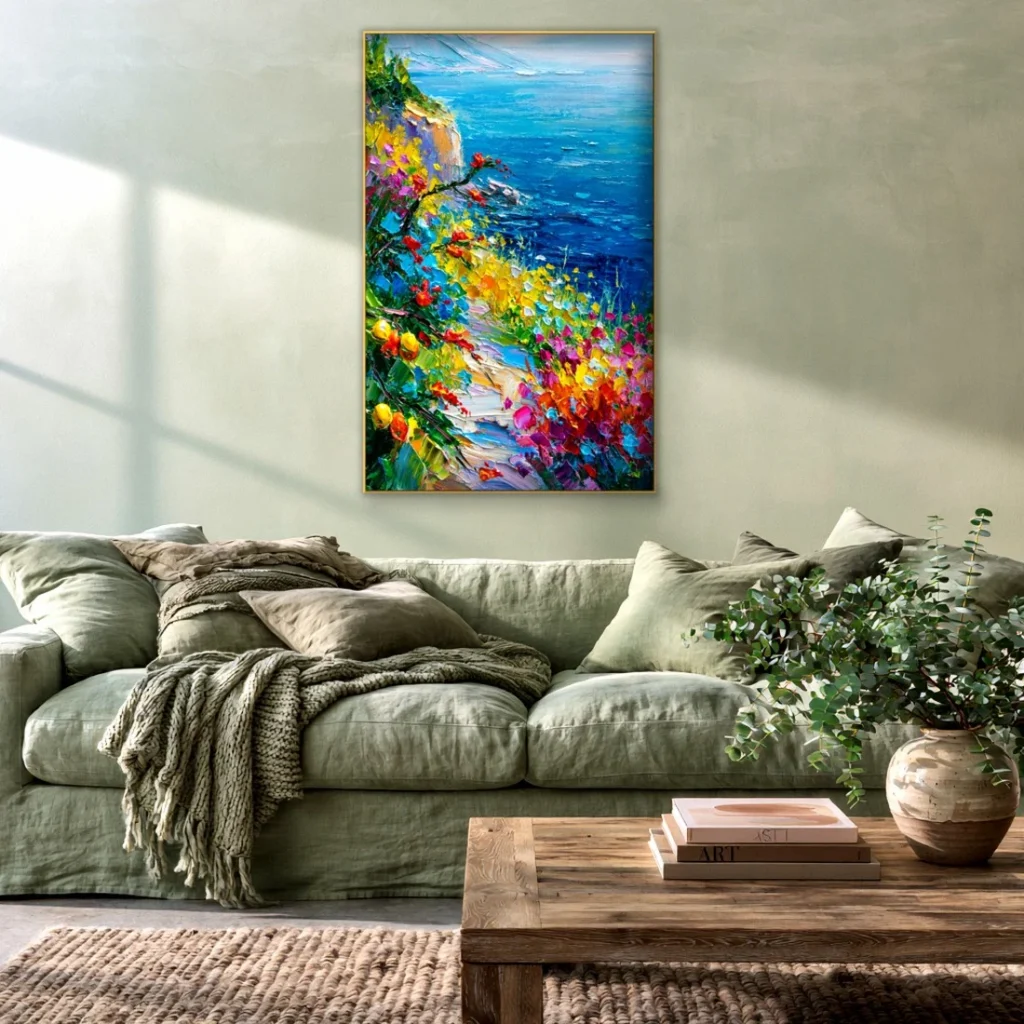 Flowering cliff over a deep blue sea impressionist in a warmly lit, styled room
