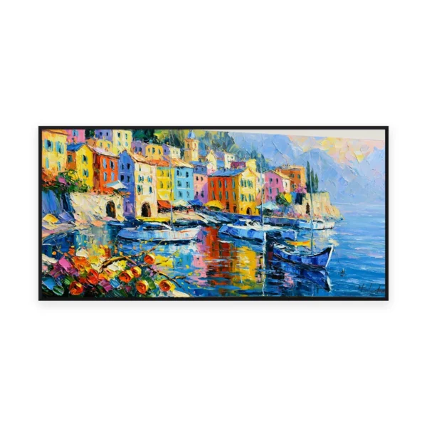 An oversized horizontal impressionist painting of brightly colored Mediterranean harbor houses above moored boats and calm water, in vivid thick palette-knife strokes with flowers in front