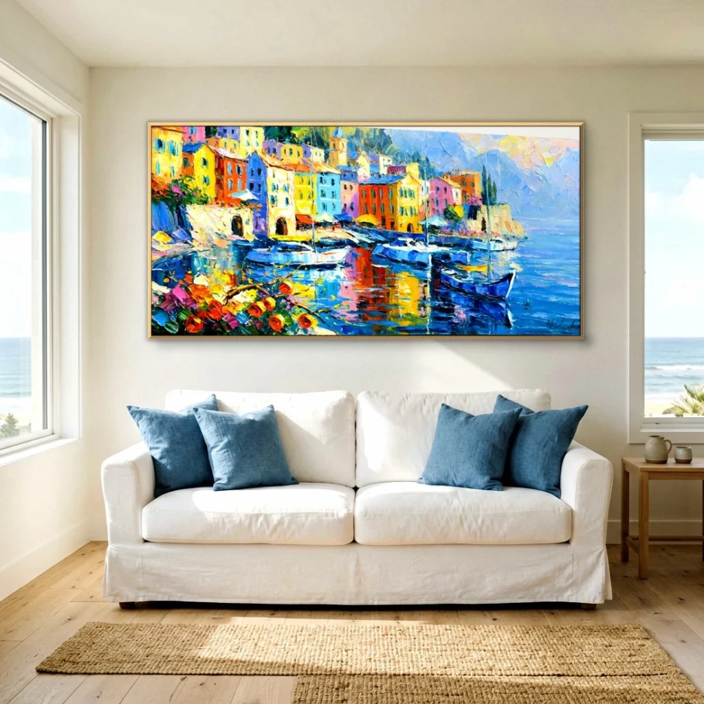 Bright harbor houses and boats impressionist canvas in a bright living room