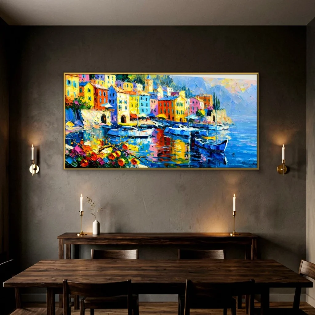 Bright harbor houses and boats impressionist canvas in a moody dining room