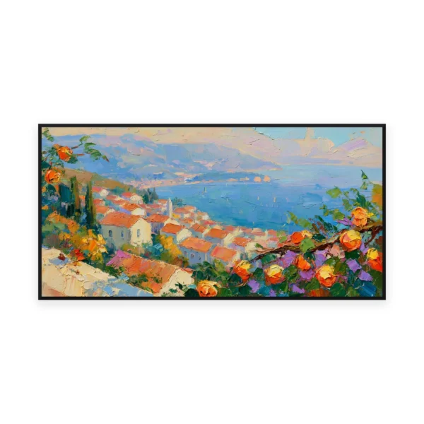 An oversized horizontal impressionist painting of a Mediterranean hillside village of pale houses overlooking a hazy blue bay, in soft thick strokes with orange and pink flowers in front