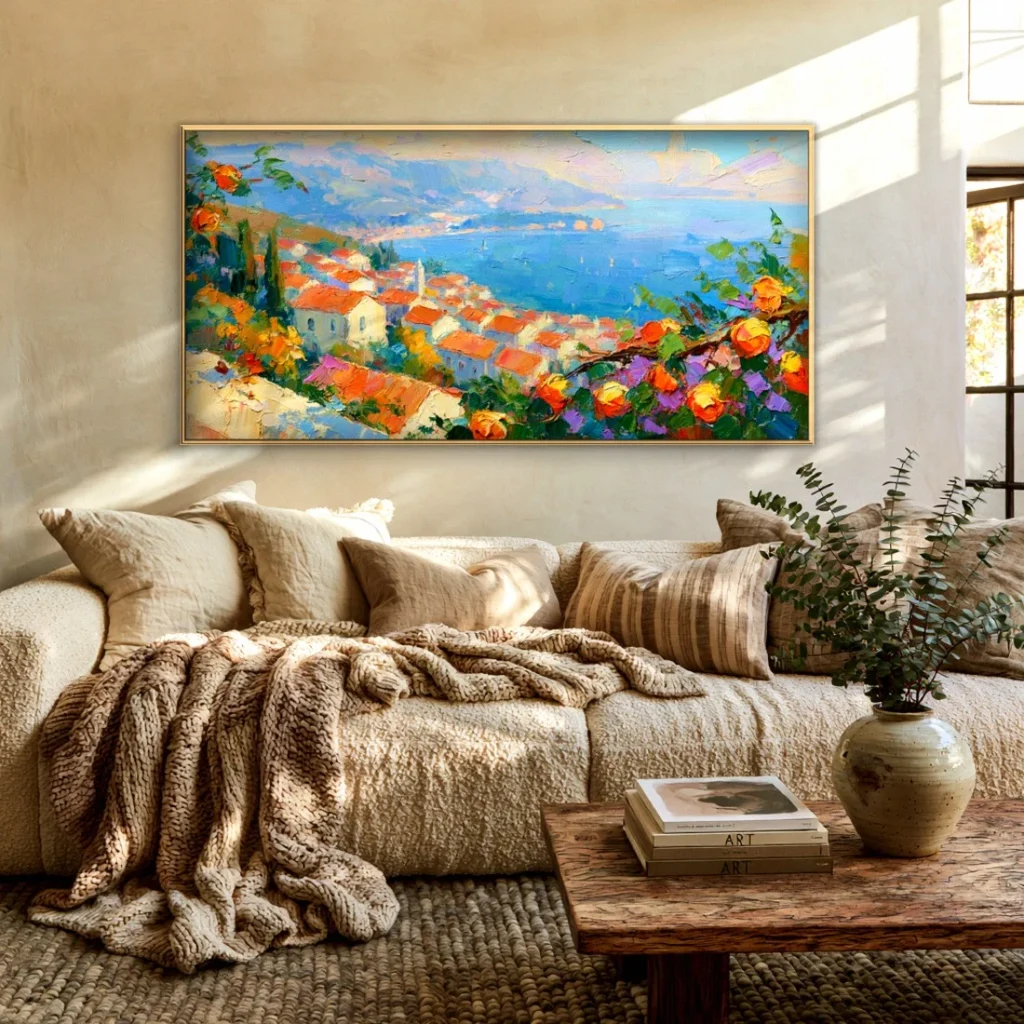 Hillside village above a hazy bay impressionist canvas in a cozy living room