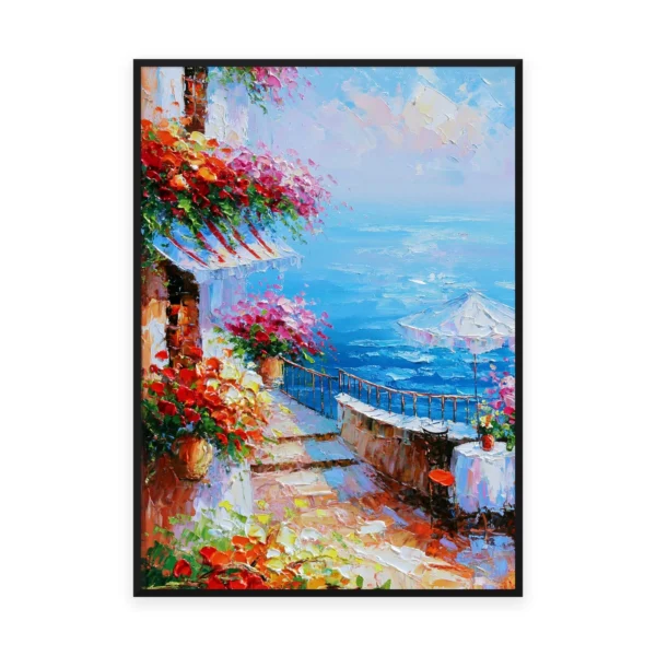 A tall vertical impressionist painting of a Mediterranean terrace overflowing with red and pink flowers above a bright blue sea, in vivid thick palette-knife strokes with a white parasol