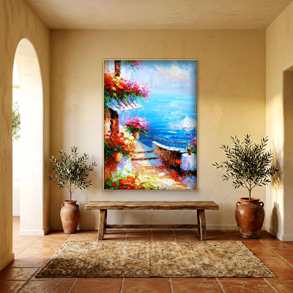 Flowering terrace above a bright sea impressionist oil in an elegant living room